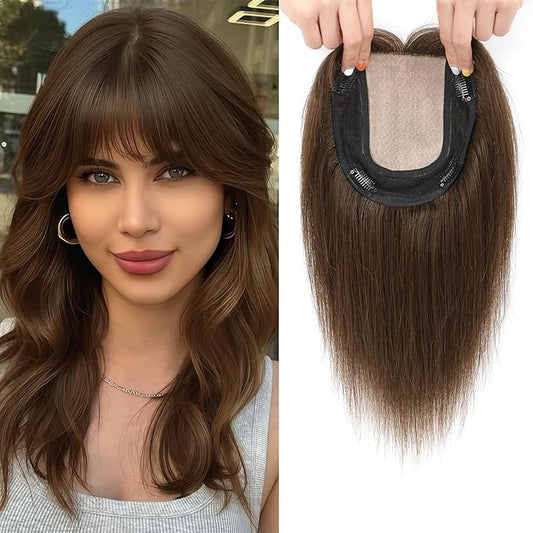 Hair Toppers for Women Real Human Hair, 360° 3D Toppers Pieces for Women with Thinning Crown Wispy Bangs 12 Inch Upgrade Big Basement (Medium Brown, 12 Inch Wispy Bangs)