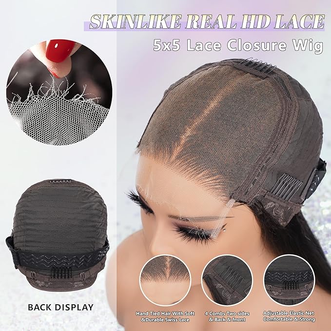 0.1 mm Ultra-thin 5x5 SKINLIKE HD Lace Closure Wigs Human Hair,200% Density Glueless HD Lace Front Wigs Human Hair Pre Plucked Bleached Knots Swiss Lace Straight Wigs for Women 24 Inch