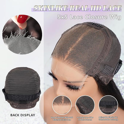 0.1 mm Ultra-thin 5x5 SKINLIKE HD Lace Closure Wigs Human Hair,200% Density Glueless HD Lace Front Wigs Human Hair Pre Plucked Bleached Knots Swiss Lace Straight Wigs for Women 24 Inch