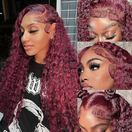 CHEETAHBEAUTY 99J Burgundy Deep Wave 13X6 HD Transparent Lace Front Wigs Human Hair Brazilian Virgin Human Hair Wigs for Black Women Pre Plucked with Baby Hair 250% Density(18inch)