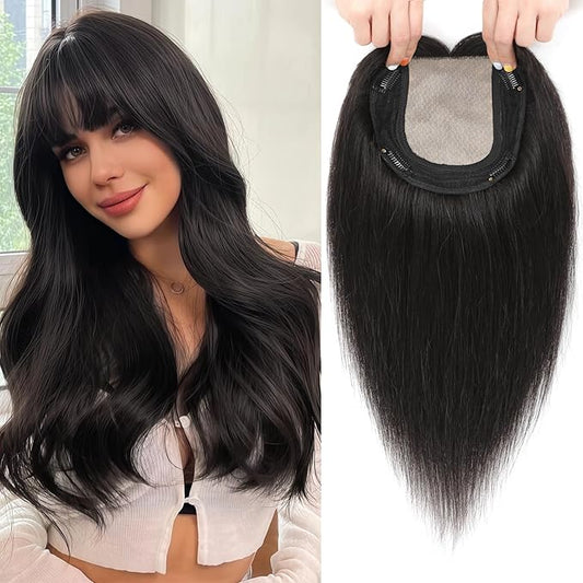 Hair Toppers for Women Real Human Hair, 360° 3D Toppers Pieces for Women with Thinning Crown Wispy Bangs 14 Inch Upgrade Big Basement (Natural Black, 14 Inch Wispy Bangs)