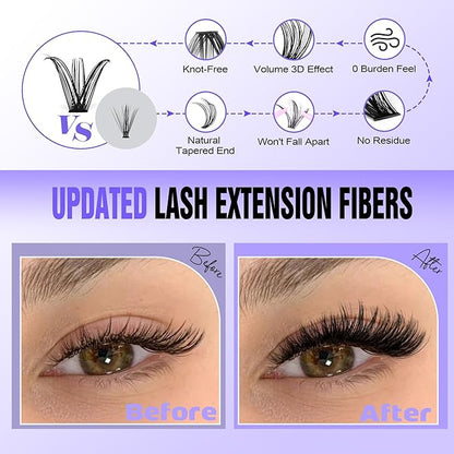 Pawotence Lash Clusters Kit 40D Individual Lashes Extension Kit DIY 280pcs 9-16mm Cluster Eyelash Extension Kit with Lash Bond and Seal, Lash Tweezers for Self Use (40D, 0.07D, 9-16mm, Kit)