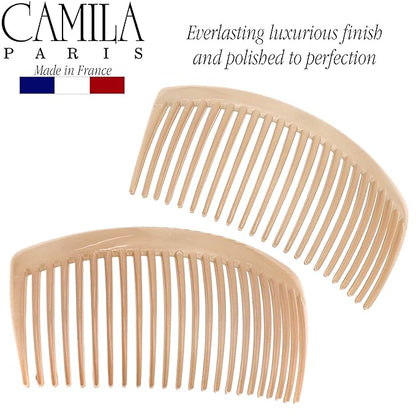 Camila Paris CP3022 French Side Combs Large Curved, Beige French Twist Hair Combs Decorative, Strong Hold Hair Clips for Women Bun Chignon Up-Do, No Slip Styling Girls Hair Accessories, Made in France