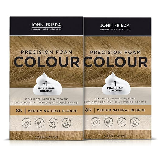 John Frieda Precision Foam Colour, Medium Natural Blonde 8N, Full-coverage Hair Color Kit, Anti-Fade Gray Coverage, Deep Color Saturation Hair Dye, Pack of 2