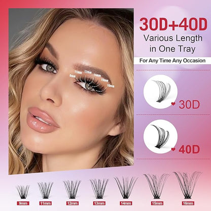 Pawotence Lash Extension Kit Individual Lash Clusters Kit 9-16mm 30D 40D Cluster Eyelash Extensions Kit with Lash Bond and Seal, Lash Tweezers for Self Use (30D&40D, 0.07D, 9-16mm, Portable Kit)