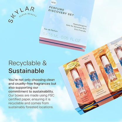Skylar Perfume Discovery spray Sampler Set - Peach Fields, Vanilla Sky, Lime Sands, Salt Air, Coconut Cove - Hypoallergenic & Clean Perfume for Women & Men - 5 1.5mL