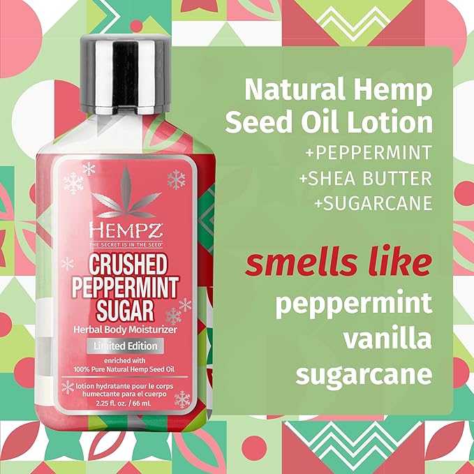 Hempz Mini Crushed Peppermint Sugar Herbal Body Lotion, Moisturizer for men and women, Holiday Gifts, 2.25 oz