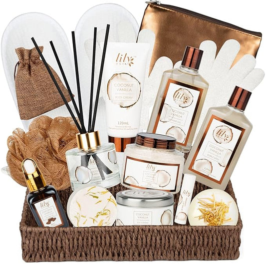 Fathers Day Gifts for Men Dad Coconut Vanilla Spa Gift Basket for Women 17-Piece Luxury Bath and Body Basket Set with Shower Gel Self Care Pampering Gifts for Mothers Day, Christmas, Birthday Gift