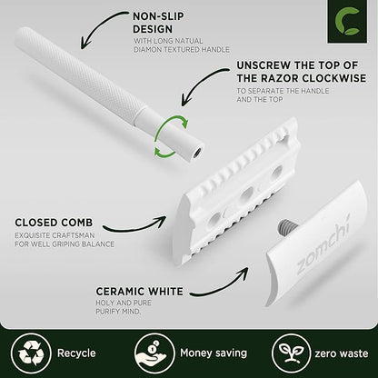 ZOMCHI Double Edge Safety Razor for Men & Women, Metal Razor with 5 Double Edge Safety Razor Blades, Single Blade Razor – White