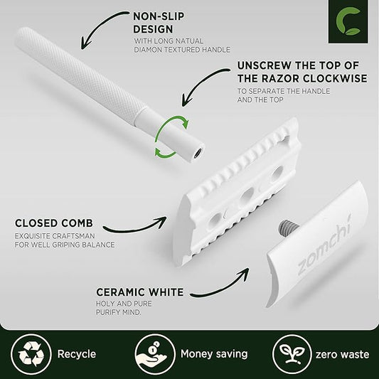 ZOMCHI Double Edge Safety Razor for Men & Women, Metal Razor with 5 Double Edge Safety Razor Blades, Single Blade Razor – White