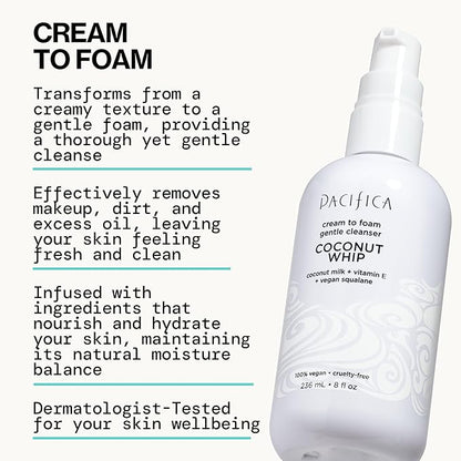 Pacifica Coconut Whip Cream to Foam Face Wash - Gentle Hydrating Facial Cleanser for Dry & Sensitive Skin, Moisturizing Daily Face Wash, Non-Comedogenic Vegan & Cruelty-Free, Dermatologist Tested 8oz