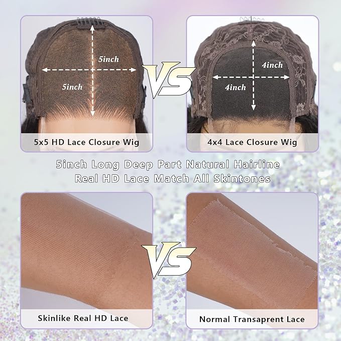 0.1 mm Ultra-thin 5x5 SKINLIKE HD Lace Closure Wigs Human Hair,200% Density Glueless HD Lace Front Wigs Human Hair Pre Plucked Bleached Knots Swiss Lace Straight Wigs for Women 24 Inch