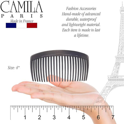 Camila Paris CP3023 French Side Combs Large Curved, Gray French Twist Hair Combs Decorative, Strong Hold Hair Clips for Women Bun Chignon Up-Do, No Slip Styling Girls Hair Accessories, Made in France
