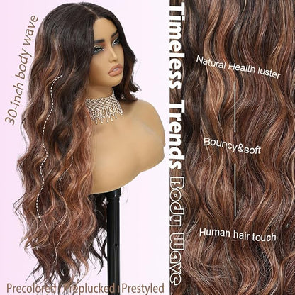 Balayage Brown 4x1 Pre Cut Lace Synthetic Lace Front Wig with Baby Hair Heat Friendly Body Wave Ombre Wig for Women 30 Inch Glueless Ready to Wear Synthetic Hair