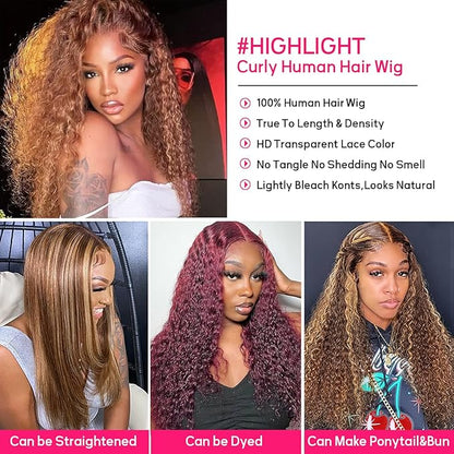 Honey Blonde Ombre 30 Inch Lace Front Wig Human Hair 13X6 Highlight Deep Wave Curly Human Hair Wig 4/27 Colored Deep Wave HD Lace Front Wigs Human Hair Pre Plucked with Baby Hair 180% Density