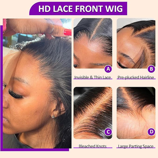 13x6 Full Frontal HD Lace Wig 0.11mm Ultra-thin Invisible HD Lace Front Wigs Human Hair Pre Plucked Bleached Knots 180% Density Body Wave Wigs For Women 26 Inch