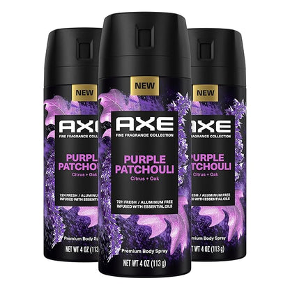 AXE Fine Fragrance Collection Premium Body Spray Purple Patchouli with Citrus + Oak Essential Oils 3 Count with 72H Odor Protection Aluminum-Free 4 oz