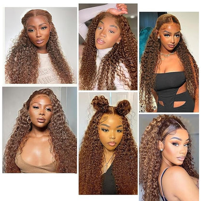 CHEETAHBEAUTY #4 Chocolate Brown Deep Wave 13X6 HD Transparent Lace Front Wigs Brazilian 10A Grade Deep Curly Human Hair Wigs for Black Women Pre Plucked with Baby Hair 250% Density(16inch)