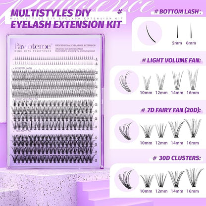 Pawotence Lash Extension Kit Lash Clusters Multi-types Individual Lashes Natural Bottom, Light Volume, 20D 30D Clusters Eyelash Extension Kit with Lash Bond and Seal, Lash Applicator for Self Use
