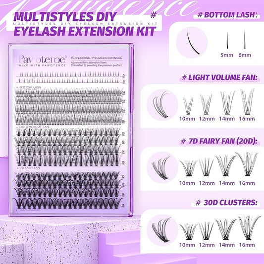 Pawotence Lash Extension Kit Lash Clusters Multi-types Individual Lashes Natural Bottom, Light Volume, 20D 30D Clusters Eyelash Extension Kit with Lash Bond and Seal, Lash Applicator for Self Use