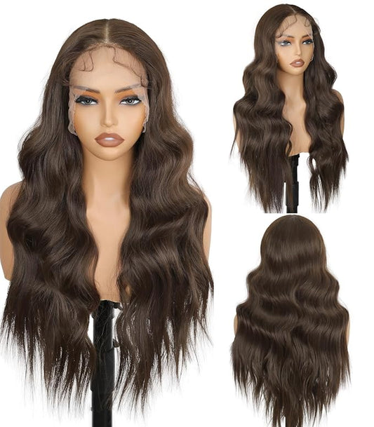 13x4 Synthetic Lace Front Wig Long Wavy Dark Brown Wig with Realistic Hairline 26 inch Pre Plucked Body Wave Lace Wig for Daily Party Use