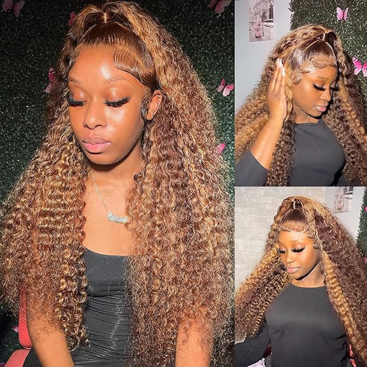 13x6 Highlight Deep Wave Lace Front Wigs Human Hair Ombre 4/27 HD Transparent Lace Frontal Wig Pre Plucked with Baby Hair Honey Blonde Curly Human Hair Wig for Black Women 24 Inch