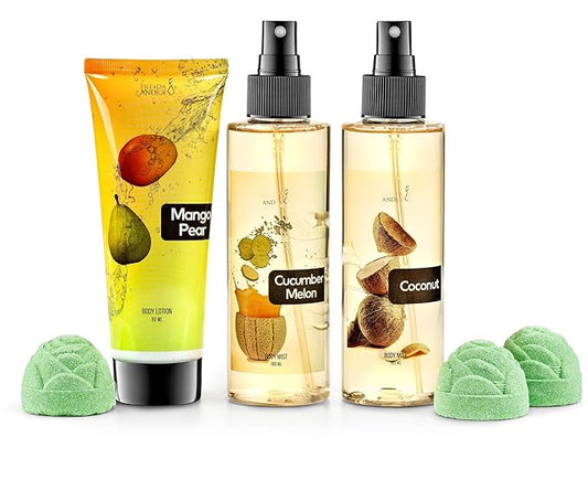 Fine Fragrance Body Mist & Body Splash Gift Set – Luxury Self-Care Combo for Women and Girls (Coconut, Cucumber, Mango Pear w/ Bath Fizzer, Bath Bomb) Mother’s Day Gift for Mom