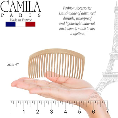 Camila Paris CP3022 French Side Combs Large Curved, Beige French Twist Hair Combs Decorative, Strong Hold Hair Clips for Women Bun Chignon Up-Do, No Slip Styling Girls Hair Accessories, Made in France