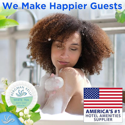 BERGMAN KELLY - Hotel Soap Bars - White Tea, 0.5 oz, 200 PK - Travel Size Luxury Bulk Amenities Bar Soap, Mini Individually Wrapped Round Soap - Small Toiletries for Airbnb, Motel, Guest Bathroom