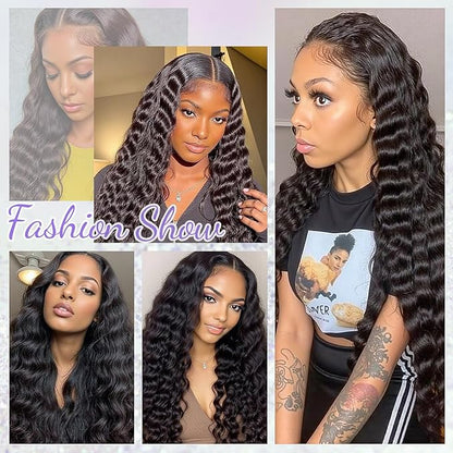 0.1mm Ultra-thin Skinlike Lace Wig Deep Wave 13x6 HD Lace Front Wigs Human Hair Pre Plucked Bleached Knots Wave Wave Curly Wet and Wavy Human Hair Wigs for Women Natural Black 32 inch