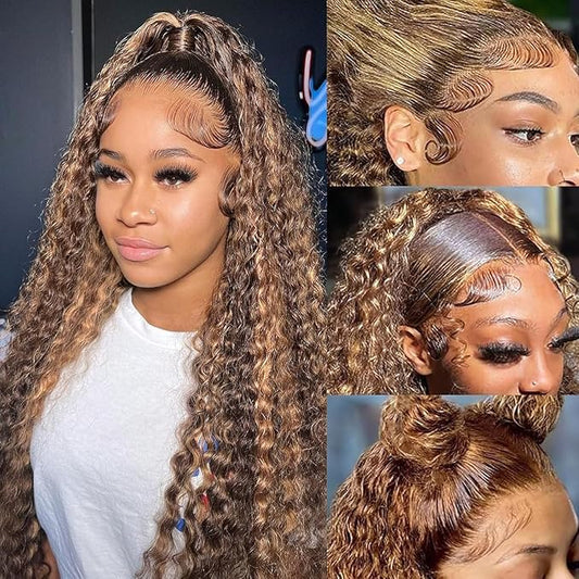 CHEETAHBEAUTY #4/27 Ombre Highlight 13X6 HD Transparent Lace Front Wigs Human Hair 250% Density Brazilian Deep Wave Human Hair Wigs for Black Women Pre Plucked with Baby Hair(28inch)