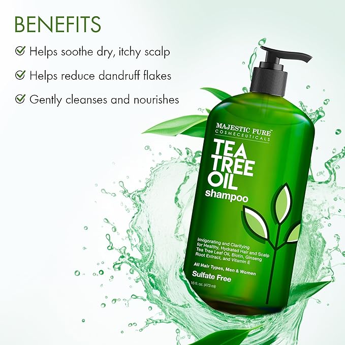 Majestic Pure Tea Tree Shampoo for Men and Women -16 fl oz - Hydrating Formula Fights Dandruff, Lice and Itchy, Irritating or Dry Scalp - For All Hair Types - Sulfate Free