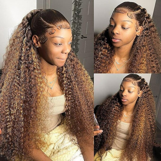 28 Inch Highlight Deep Wave Lace Front Wigs Human Hair 180% Density Ombre Honey Blonde Curly Human Hair Wig Pre Plucked with Baby Hair 4/27 HD Transparent 13x6 Lace Front Wigs Human Hair