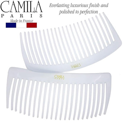 Camila Paris CP3024 French Side Combs Large Curved, White French Twist Hair Combs Decorative, Strong Hold Hair Clips for Women Bun Chignon Up-Do, No Slip Styling Girls Hair Accessories, Made in France