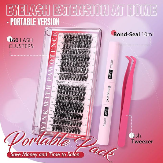 Pawotence Lash Extension Kit Individual Lash Clusters Kit 9-16mm 30D 40D Cluster Eyelash Extensions Kit with Lash Bond and Seal, Lash Tweezers for Self Use (30D&40D, 0.07D, 9-16mm, Portable Kit)