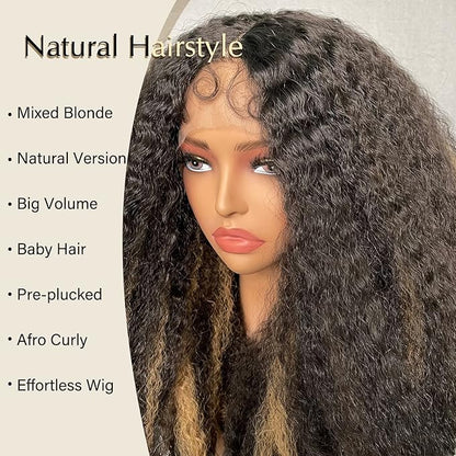 SOKU Afro Curly Lace Front Wig Synthetic Highlights Brown 20 Inch Kinky Straight with Curly Ends Crimp to Curl T Part Transparent Lace Front Wig for Black Women