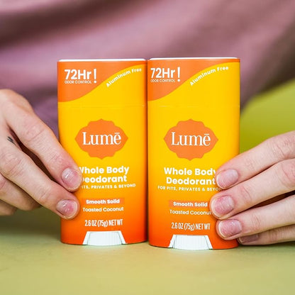 Lume Whole Body Deodorant - Smooth Solid Stick - 72 Hour Odor Control - Aluminum Free, Baking Soda Free and Skin Safe - 2.6 Ounce (Pack of 2) (Toasted Coconut)