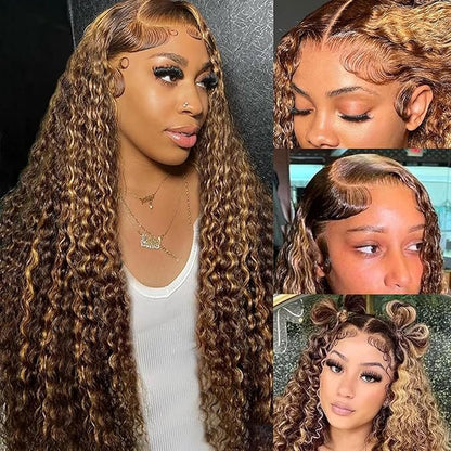 5x5 Highlight Water Wave Closure Wigs Human Hair 180% Density Curly Human Hair Wig Pre Plucked 18inch P4/27 Ombre 5x5 HD Lace Closure Wigs for Women(427curly 18inch)
