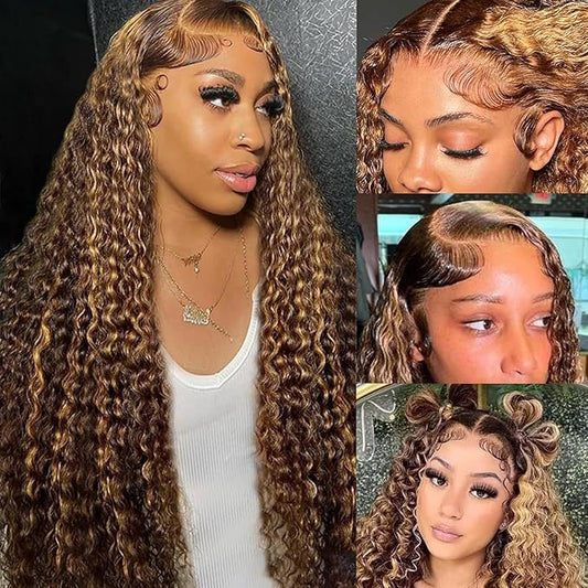 5x5 Highlight Water Wave Closure Wigs Human Hair 180% Density Curly Human Hair Wig Pre Plucked 20inch P4/27 Ombre 5x5 HD Lace Closure Wigs for Women(427curly 20inch)