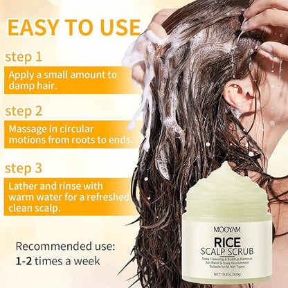 Scalp Scrub with Rice Extract & Hyaluronic Acid, 2-in-1 Exfoliating Shampoo for Hair Treatment, Includes Silicone Scalp Massager, Removes Buildup & Dandruff, 10.6oz