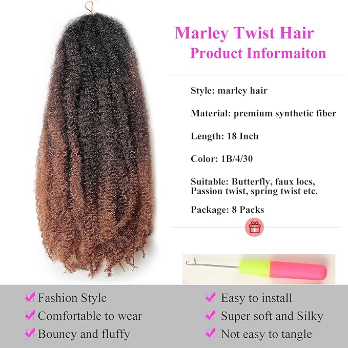 Marley Twist Braiding Hair 18 Inch 8 Packs – Long-Lasting Marley Hair, Fluffy&Tangle-Free Cuban Twist Hair for Braiding, Natural Look Synthetic Spring Afro Kinky Twist Hair Extensions (T1B/4/30)