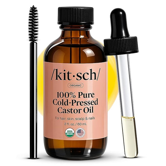 Kitsch Organic Castor Oil For Hair Growth, Castor Oil Organic Cold Pressed Unrefined Glass Bottle, 100% Pure, For Face, Skin, Lashes, Brows, Scalp, Nails & Belly Button, Hexane Free, USDA - 2oz