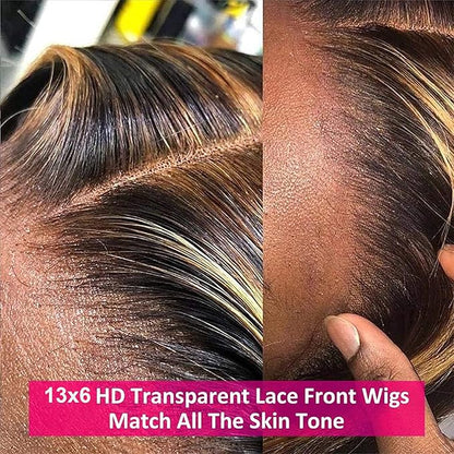 Honey Blonde Ombre 30 Inch Lace Front Wig Human Hair 13X6 Highlight Deep Wave Curly Human Hair Wig 4/27 Colored Deep Wave HD Lace Front Wigs Human Hair Pre Plucked with Baby Hair 180% Density