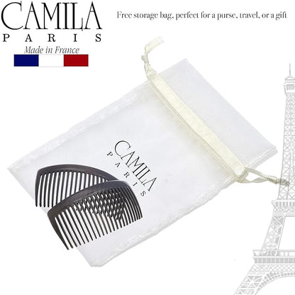 Camila Paris CP3023 French Side Combs Large Curved, Gray French Twist Hair Combs Decorative, Strong Hold Hair Clips for Women Bun Chignon Up-Do, No Slip Styling Girls Hair Accessories, Made in France