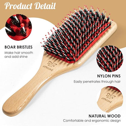 Hair Brush,Boar Bristle Hair Brushes and Hair Comb Set for Women Men Kids, Best Natural Wooden Paddle Hairbrush for Wet or Dry Hair