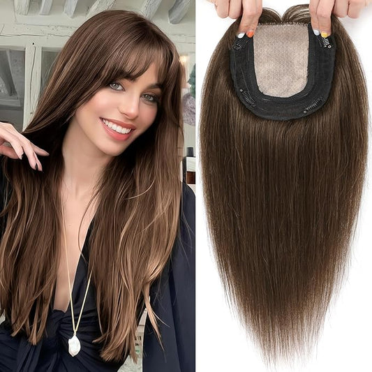 Hair Toppers for Women Real Human Hair, 360° 3D Toppers Pieces for Women with Thinning Crown Wispy Bangs 16 Inch Upgrade Big Basement (Mocha Brown, 16 Inch Wispy Bangs)