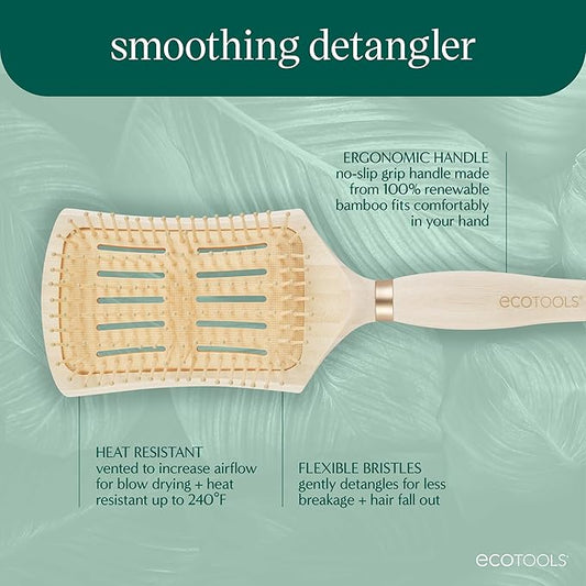 EcoTools Smoothing Detangler Hairbrush, Brush For Wet Or Dry Hair, Pain-Free Detangling, Style & Smooth Hair, Heat Resistant Brush, Renewable Bamboo & Flexible Bristles, Vegan & Cruelty-Free, 1 Count