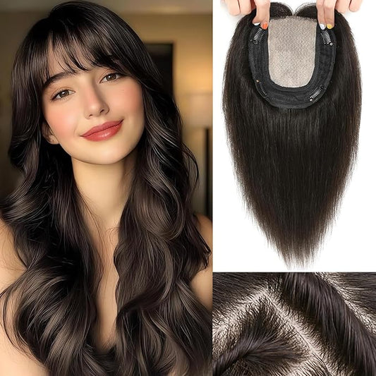 Hair Toppers for Women Real Human Hair, 360° 3D Toppers Hairpieces for Women with Thinning Crown Wispy Clip in Bangs 12 Inch Upgrade Big Base (Dark Brown, 12 Inch Wispy Bangs)