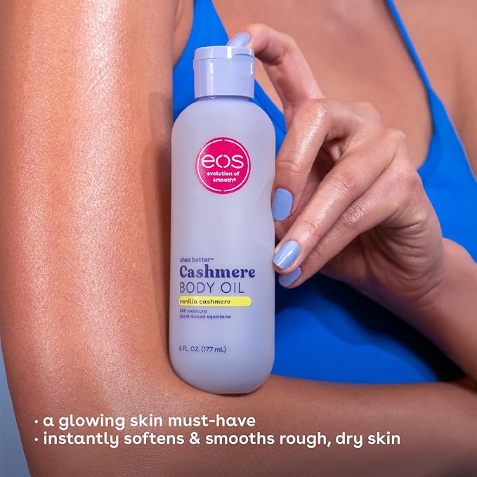 eos Cashmere Body Oil, Vanilla Cashmere, 24 Hour Moisture, Plant-Based Squalane to Soothe, Soften And Smooth Dry Skin, Body Oil, 6 fl oz