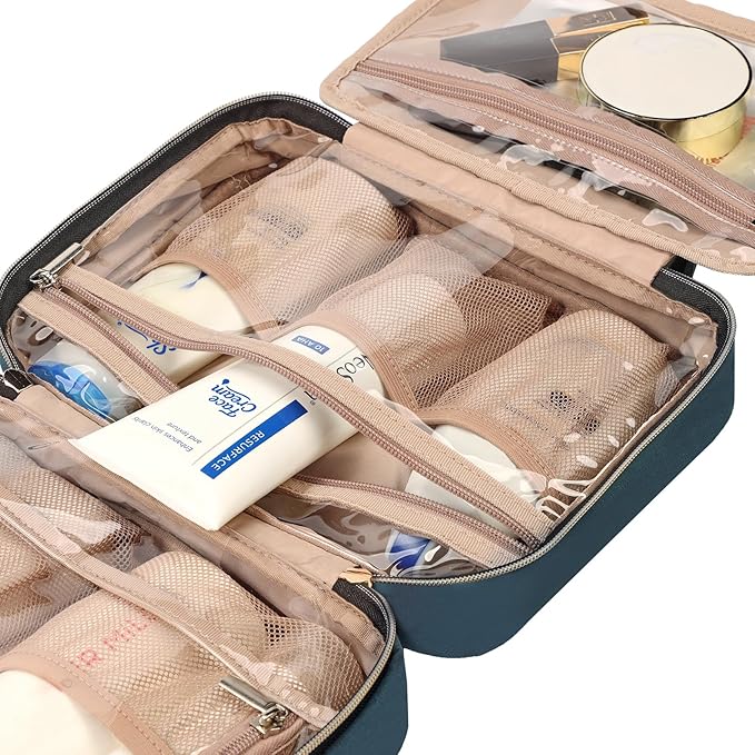 NISHEL Travel Toiletry Bag for women, Portable Hanging Organizer for Travel-Sized Shampoo, Conditioner, Brushes Set, Makeup Accessories, Medium Size, Lake-Blue